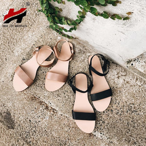 NAN JIU MOUNTAIN Summer Flat Sandals Women Genuine Leather Simple Bright Color Buckle Studded Beach Shoes Plus Size