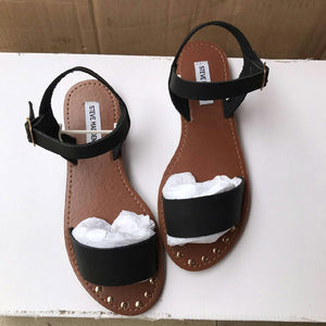 NAN JIU MOUNTAIN Summer Flat Sandals Women Genuine Leather Simple Bright Color Buckle Studded Beach Shoes Plus Size