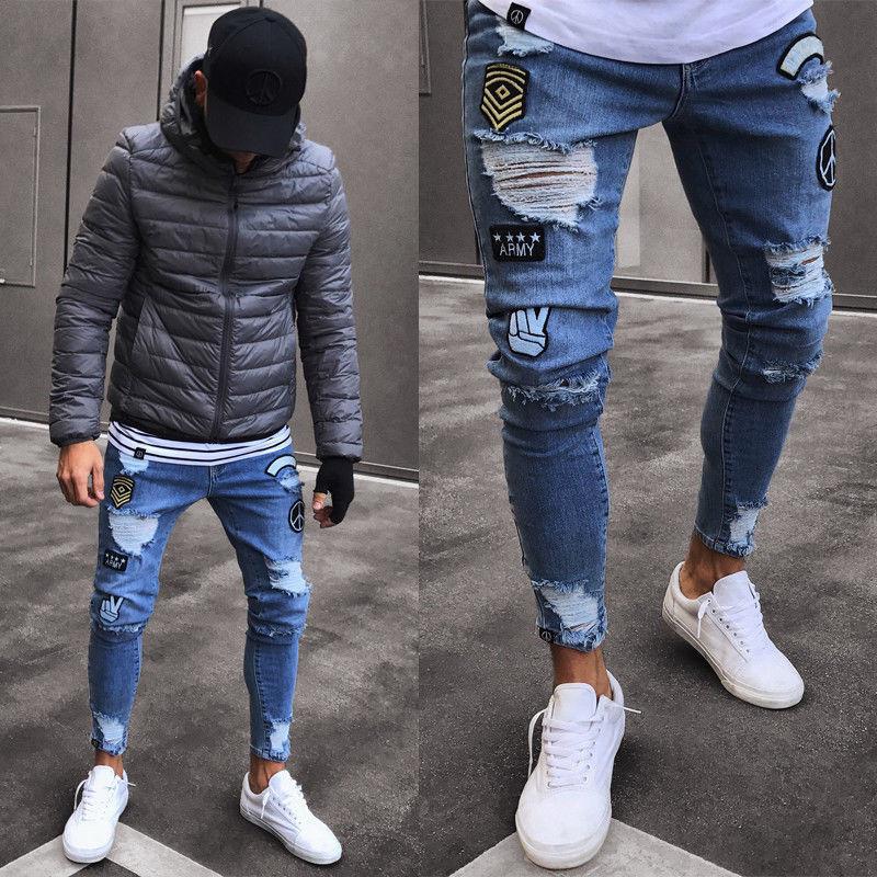 2019 Men Stylish Ripped Jeans Pants Biker Skinny Slim Straight Frayed Denim Trousers Fashion skinny jeans men Clothes