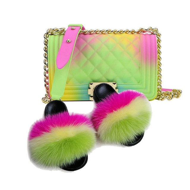 Women Summer Fox Fur Slippers Colorful Jelly Bag Cute Fluffy Slippers Fashion Furry slides  Plush Slipper Sets Fox Fur Slides
