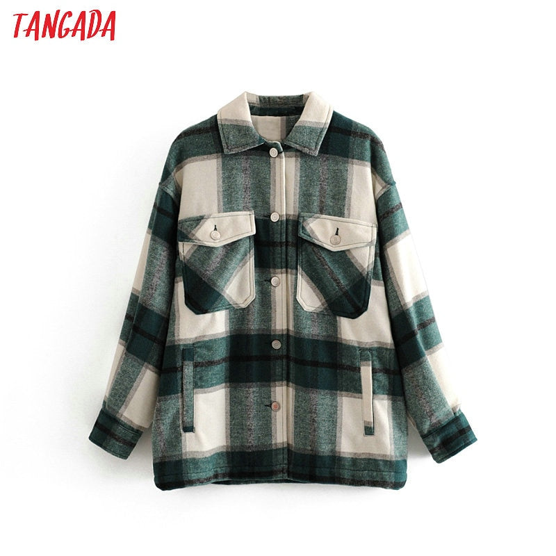 Tangada 2019 Winter Women green plaid Long Coat Jacket Casual High Quality Warm Overcoat Fashion Long Coats 3H04