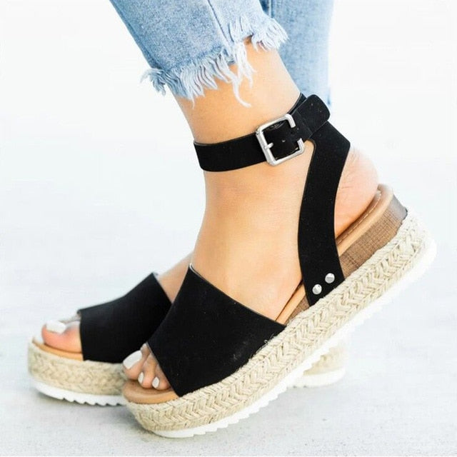 2020 Summer Womens Casual Espadrilles Trim Rubber Sole Flatform Studded Wedge Buckle Ankle Strap Open Toe Sandals