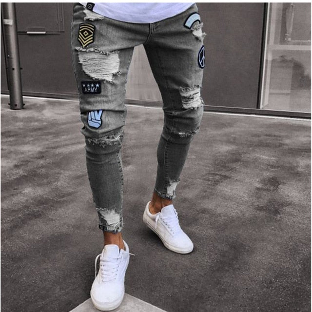 2019 Men Stylish Ripped Jeans Pants Biker Skinny Slim Straight Frayed Denim Trousers Fashion skinny jeans men Clothes