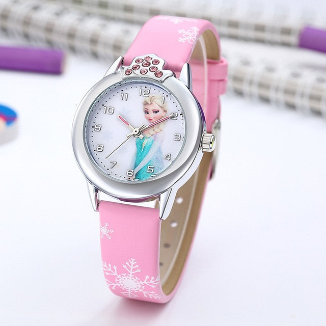 Elsa Watch Girls Elsa Princess Kids Watches Leather Strap Cute Children's Cartoon Wristwatches Gifts for Kids Girl