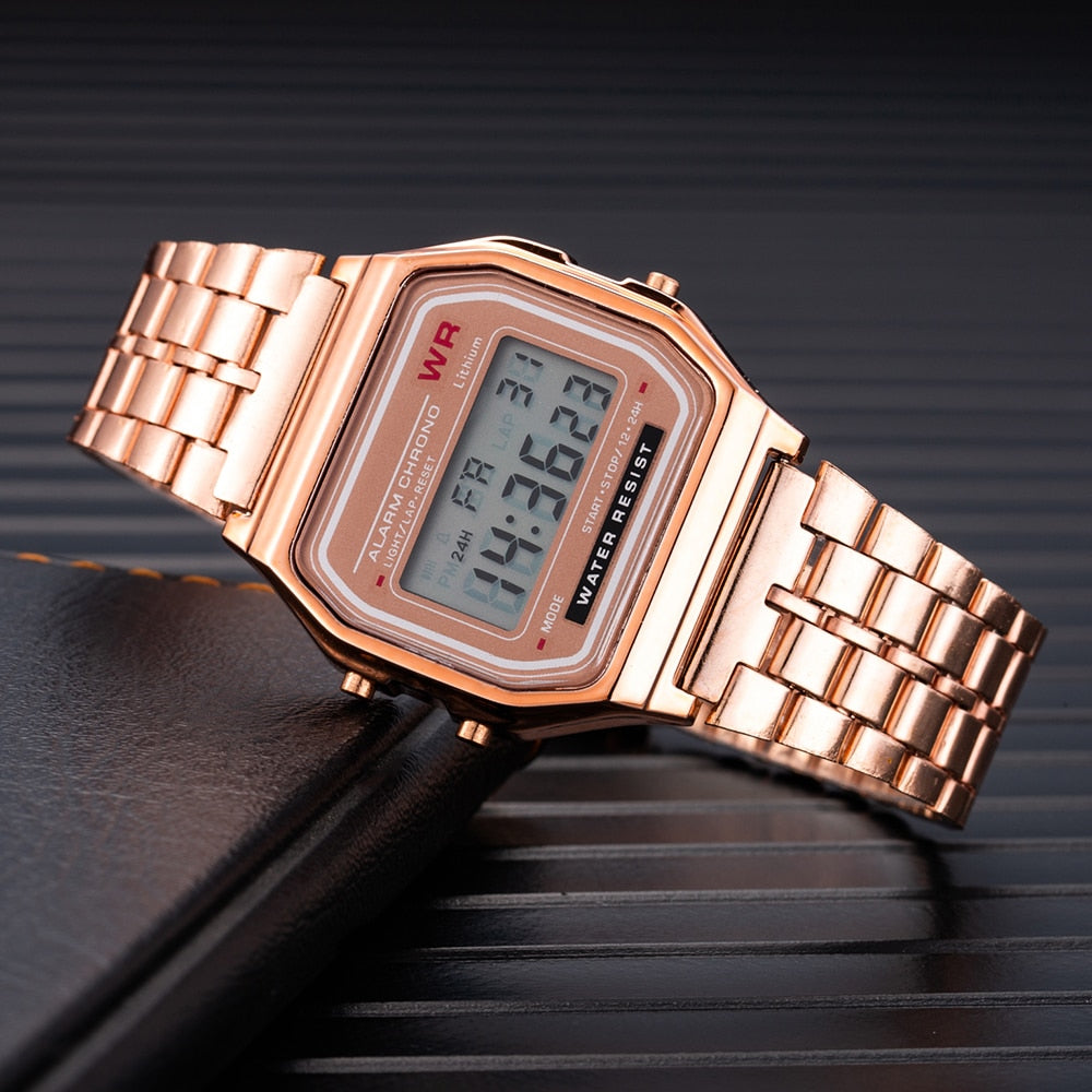 Luxo feminino rosa ouro aço inoxidável relógios moda feminina led relógio digital casual senhoras relógio eletrônico reloj mujer 2019