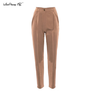 Mnealways18 Vintage Zipper Khaki Trousers Women High Waist Office Pants Ladies Brown Trousers Work Wear Elastic Waist Pants 2020