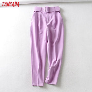 Tangada black suit pants woman high waist pants sashes pockets office ladies pants fashion middle aged pink yellow pants 6A22