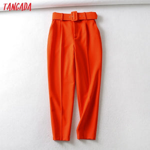 Tangada black suit pants woman high waist pants sashes pockets office ladies pants fashion middle aged pink yellow pants 6A22