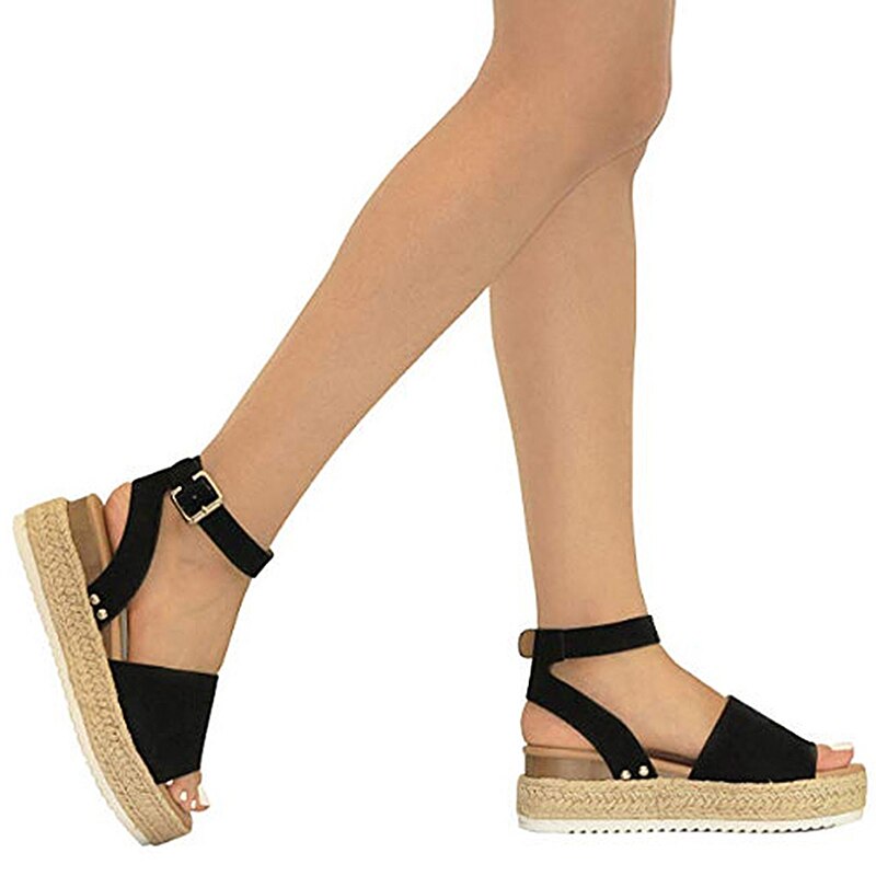 Women Fashion Hoes Sandals Summer Dull Polish Sewing Peep Toe Wedges Hasp Sandals Flatform Sandals 40- 43