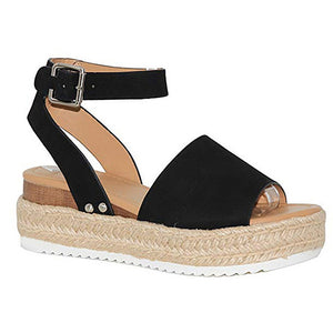 Women Fashion Hoes Sandals Summer Dull Polish Sewing Peep Toe Wedges Hasp Sandals Flatform Sandals 40- 43