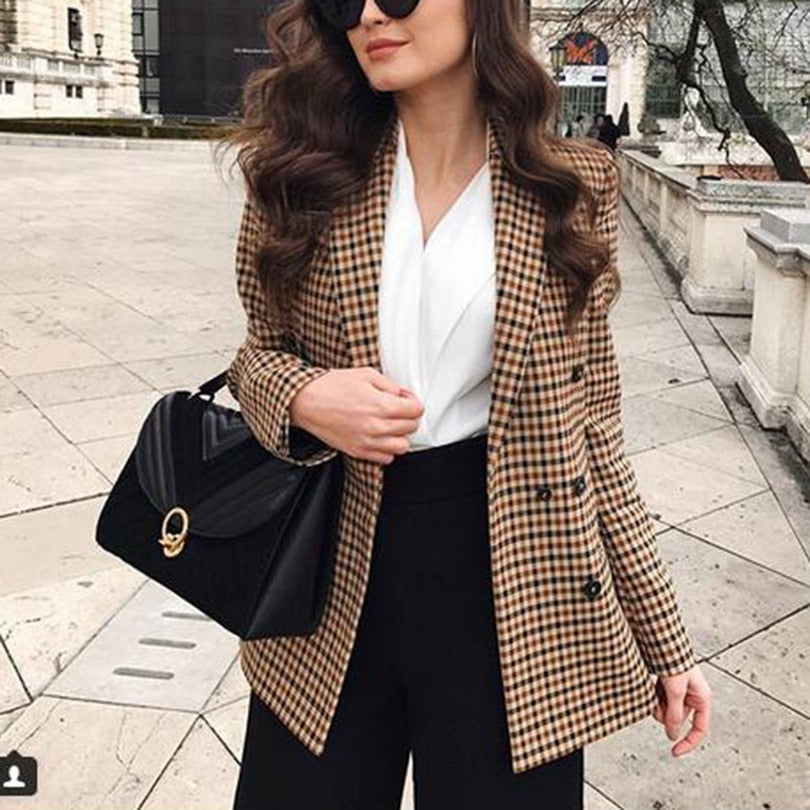 Moda outono feminino blazers xadrez e jaquetas trabalho senhora do escritório terno fino duplo breasted negócios feminino blazer casaco talever