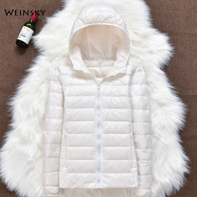 Inverno mulheres ultraleve fino para baixo jaqueta de pato branco para baixo casacos com capuz manga longa casaco quente parka feminino portátil outwear