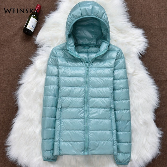 Inverno mulheres ultraleve fino para baixo jaqueta de pato branco para baixo casacos com capuz manga longa casaco quente parka feminino portátil outwear