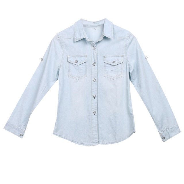 Womens retro azul jean denim macio ajustável manga longa camisa casual tops blusa jaqueta outono solto botão moda senhora blusa